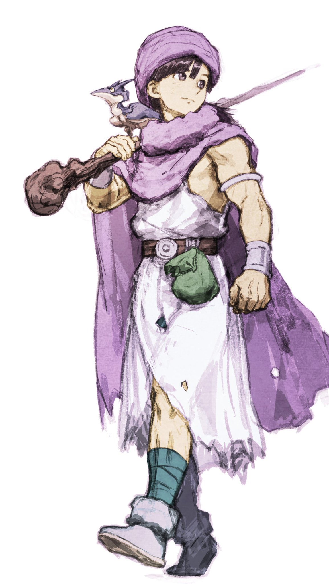bandaged_leg bandages belt belt_pouch black_hair clenched_hand cloak commentary_request dragon_quest dragon_quest_v hero_(dq5) highres holding holding_staff iwamoto_tatsurou looking_to_the_side muscular muscular_male pouch purple_cloak staff turban walking