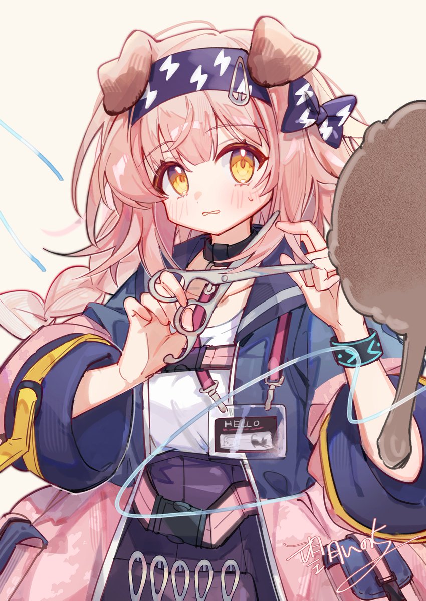 1girl animal_ears arknights black_hairband blush braid cat_ears chestnut_mouth coat commentary cutting_hair cutting_own_hair embarrassed english_commentary goldenglow_(arknights) hairband hand_mirror harness highres holding holding_scissors id_card infection_monitor_(arknights) lightning_bolt_print long_hair looking_at_viewer mirror mochizuki_inochi parted_lips pink_coat pink_hair purple_skirt scissors shirt signature simple_background skirt solo upper_body white_shirt yellow_background yellow_eyes
