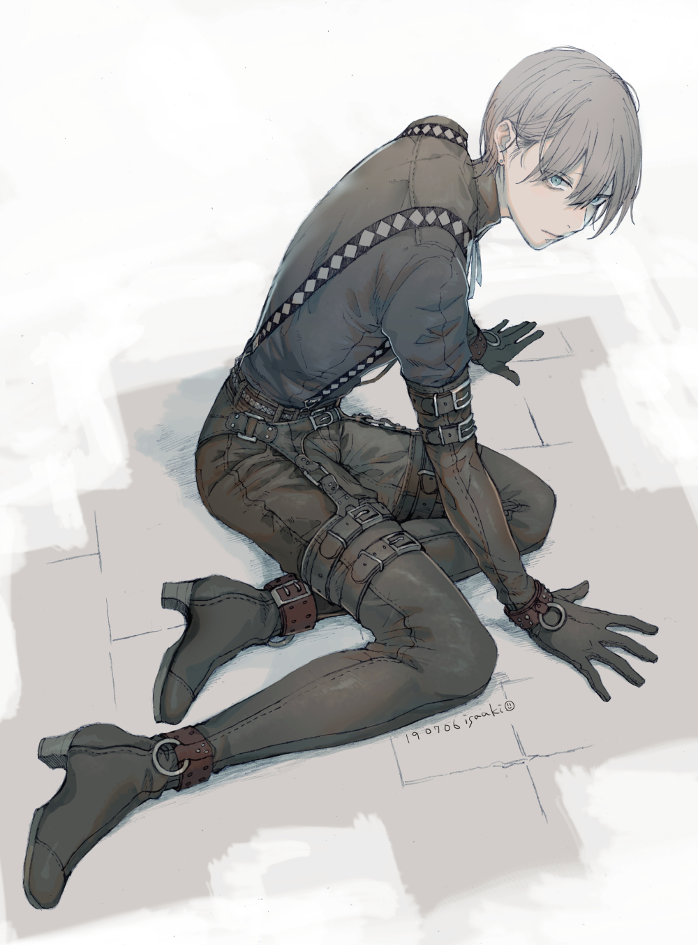 1boy arm_support belt bishounen blue_eyes boots dated earrings elbow_gloves expressionless from_side full_body gloves grey_hair hair_between_eyes highres isaaki jewelry leather looking_at_viewer male_focus monochrome o-ring_strap original short_hair simple_background solo stud_earrings suspenders thigh_boots thigh_strap twitter_username white_background