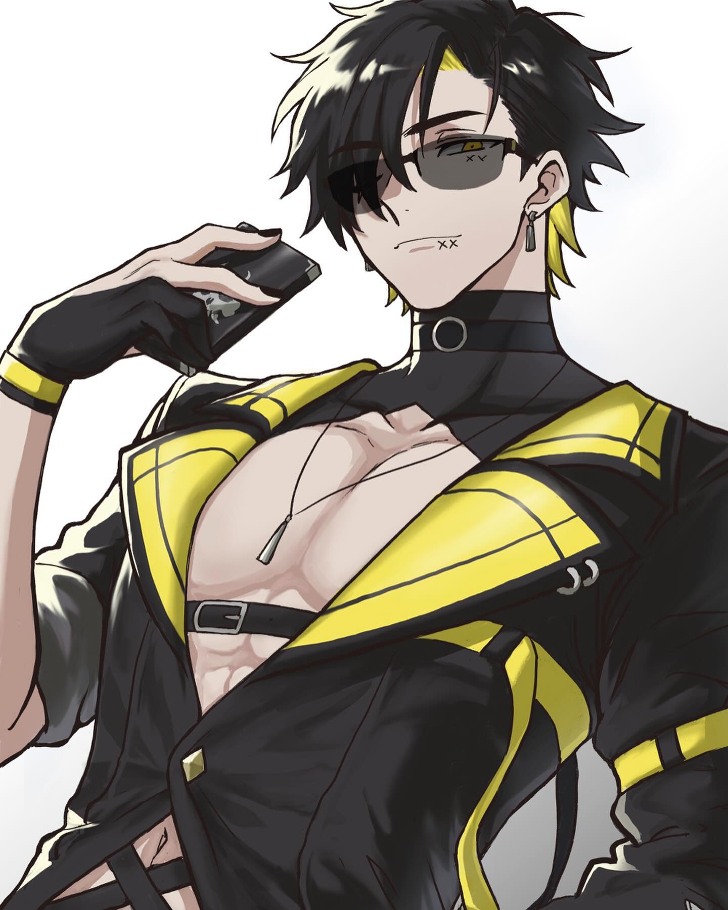 1boy black_hair black_nails cellphone collarbone earrings highres jacket jewelry male_focus monotsuki multicolored_hair necklace open_clothes original pectorals phone short_hair smartphone streaked_hair sunglasses yellow_eyes
