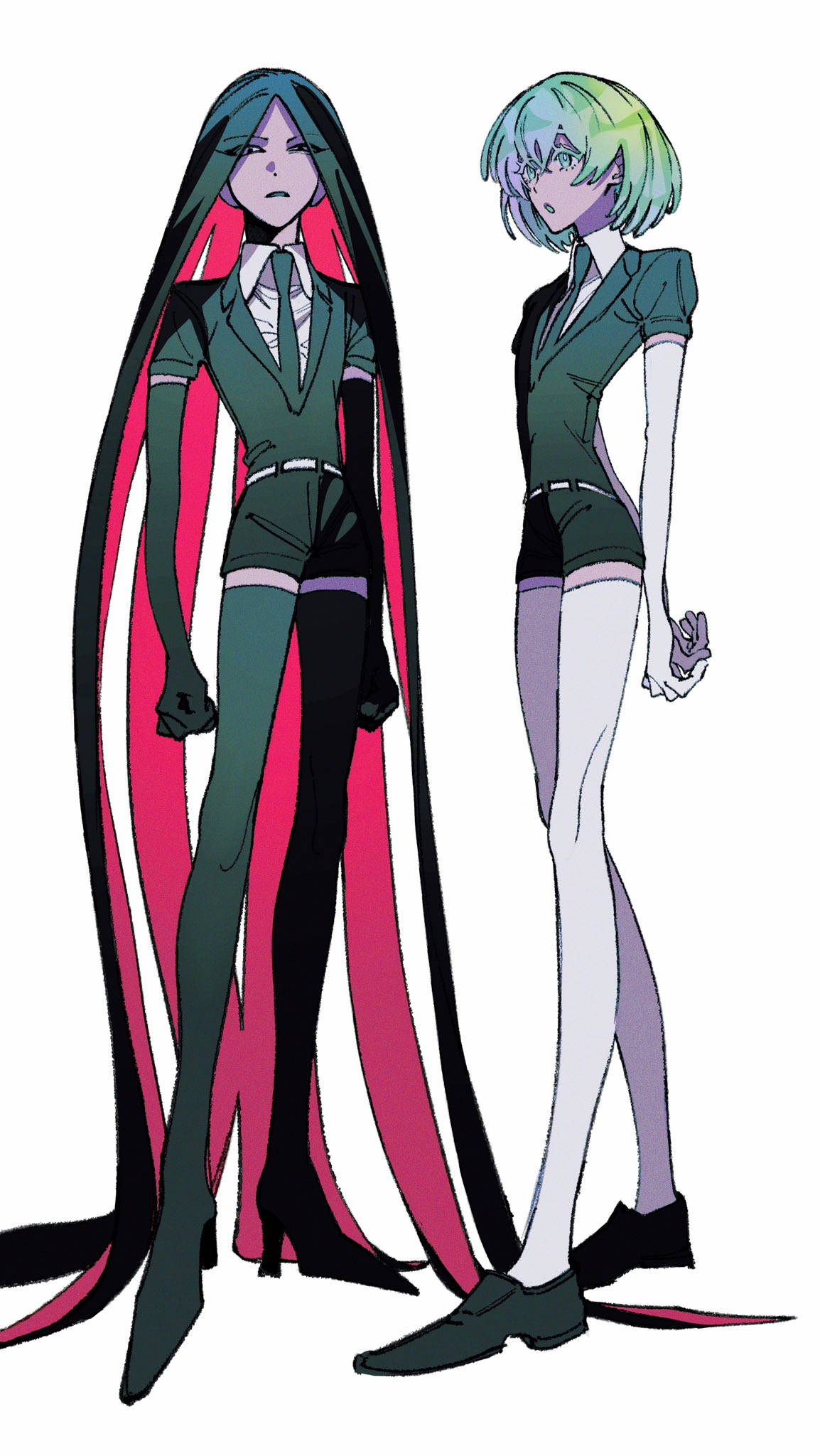 2others aqua_eyes aqua_hair arms_behind_back black_footwear black_gloves black_hair black_jacket black_shorts boots bort diamond_(houseki_no_kuni) elbow_gloves full_body gem_uniform_(houseki_no_kuni) gloves gradient_hair highres houseki_no_kuni jacket loafers long_hair looking_at_viewer looking_to_the_side multicolored_hair multiple_others naotin3333 puffy_short_sleeves puffy_sleeves shirt shoes short_hair short_sleeves shorts simple_background standing thigh-highs thigh_boots very_long_hair white_background white_gloves white_shirt white_thighhighs