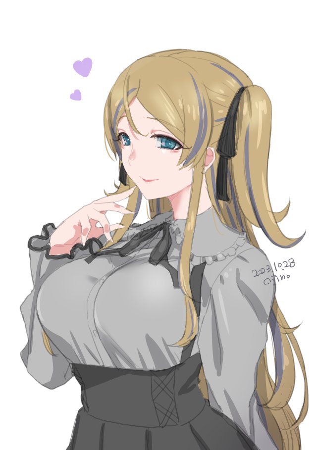 1girl ahoge ajino_(sakanahen) alternate_hairstyle black_bow black_bowtie black_ribbon black_skirt blonde_hair blue_eyes blush bow bowtie breasts closed_mouth dated frilled_shirt frills from_side grey_hair grey_shirt hair_bow hair_ribbon hand_up heart idolmaster idolmaster_million_live! idolmaster_million_live!_theater_days large_breasts long_hair long_sleeves looking_at_viewer multicolored_hair ribbon shinomiya_karen shirt signature simple_background skirt smile solo streaked_hair suspender_skirt suspenders twintails upper_body very_long_hair white_background