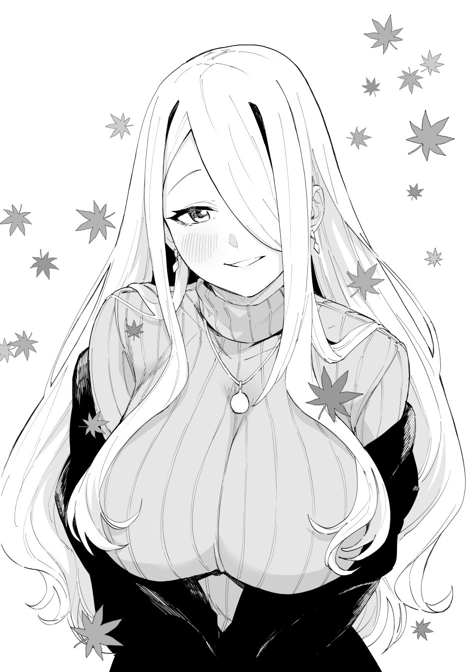 blush breasts cardigan chieri_no_koi_wa_8_meter earrings eyelashes greyscale hair_over_breasts hair_over_one_eye hair_over_shoulder highres huge_breasts jewelry leaf long_hair long_sleeves looking_at_viewer maple_leaf mitogawawataru monochrome necklace official_art oomine_ringo_(chieri_no_koi_wa_8_meter) open_cardigan open_clothes parted_lips sidelocks simple_background straight-on straight_hair sweater swept_bangs turtleneck turtleneck_sweater upper_body very_long_hair wavy_hair white_background