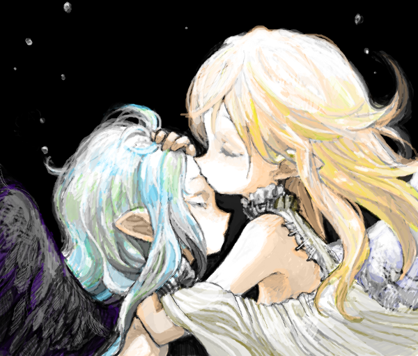 2girls angel angel_wings bad_drawr_id bad_id bare_shoulders black_background black_wings blonde_hair blue_hair character_request closed_eyes closed_mouth copyright_request dress feathered_wings from_side hand_on_another's_head hug kiss kissing_forehead long_hair michi_ta_(masquerade) multicolored_hair multiple_girls oekaki pointy_ears profile simple_background upper_body water_drop white_dress white_hair white_wings wings yuri