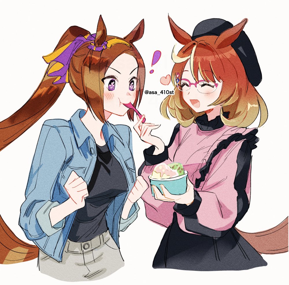! 2girls animal_ears asa_(asa_410st) beret black_hat black_shirt black_skirt blue_jacket blush breasts brown_hair clenched_hands closed_mouth cropped_torso cup feeding food glasses hairband hat heart holding holding_cup holding_spoon horse_ears horse_girl horse_tail ice_cream jacket long_hair medium_hair multicolored_hair multiple_girls north_flight_(umamusume) open_clothes open_jacket open_mouth pink_shirt sakura_bakushin_o_(umamusume) semi-rimless_eyewear shirt simple_background skirt sleeves_rolled_up small_breasts smile spoon streaked_hair tail umamusume upper_body violet_eyes white_background