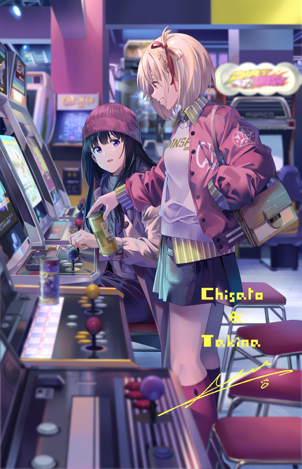2girls arcade arcade_cabinet bag beanie black_hair blonde_hair bob_cut can chair character_name collared_shirt commentary drink drink_can grey_sweater grin hair_ribbon hand_in_jacket hat highres holding holding_can holding_drink indoors inoue_takina jacket kneehighs long_hair long_sleeves looking_at_another lycoris_recoil multiple_girls neko_(yanshoujie) nishikigi_chisato open_clothes open_jacket open_mouth pink_beanie pink_jacket red_beanie red_eyes red_ribbon red_socks ribbon shirt short_hair shoulder_bag signature sitting skirt skirt_pocket smile socks standing sweater violet_eyes