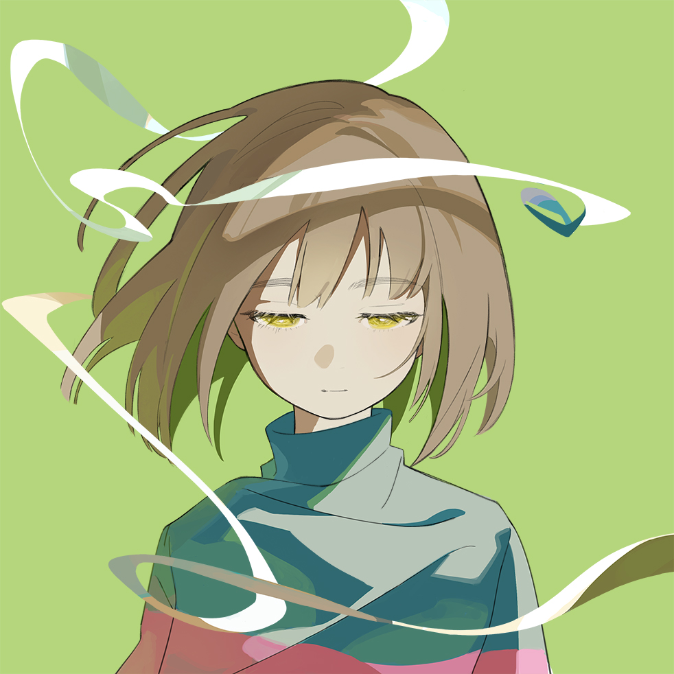 1other androgynous bandages brown_hair chara_(undertale) green_background guangchenren half-closed_eyes simple_background solo striped_clothes striped_sweater sweater undertale upper_body yellow_eyes