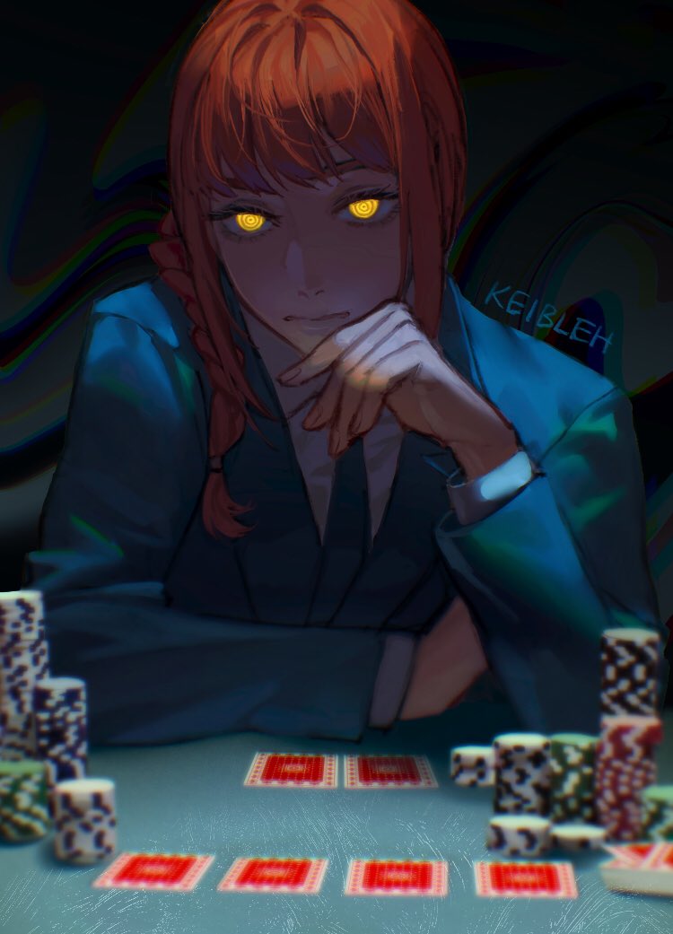 1girl blue_jacket blue_necktie blurry blurry_foreground card chainsaw_man closed_mouth glowing glowing_eyes hair_over_shoulder jacket keibleh looking_at_viewer makima_(chainsaw_man) necktie playing_card poker poker_chip pov_across_table redhead ringed_eyes shirt signature solo table white_shirt