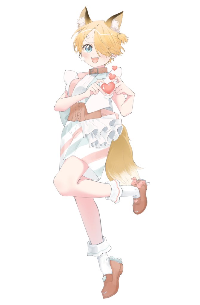 1boy aged_down animal_ear_fluff animal_ears belt_collar blonde_hair blue_eyes blush bow collar commentary corset curly_eyebrows finger_heart footwear_bow fox_boy fox_ears fox_tail frills full_body hair_over_one_eye heart idol lily-summer-0607 long_bangs looking_at_viewer male_focus microphone one_piece open_mouth pants red_bow red_footwear sanji_(one_piece) short_hair short_ponytail short_sleeves shorts simple_background smile socks striped_clothes striped_pants tail white_background white_shorts
