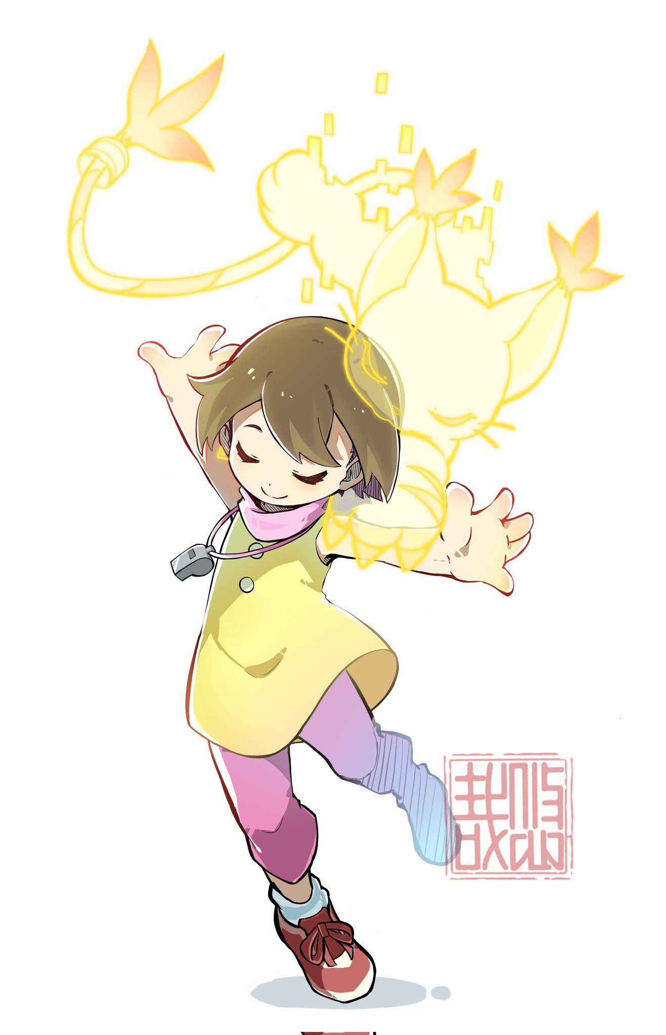 1girl animal_hands artist_logo brown_hair cat digimon digimon_adventure full_body gloves highres outstretched_arms pants paw_gloves pink_pants shirt simple_background sleeveless sleeveless_shirt solo spread_arms tailmon whistle whistle_around_neck white_background yagami_hikari yellow_shirt youzaiyouzai112