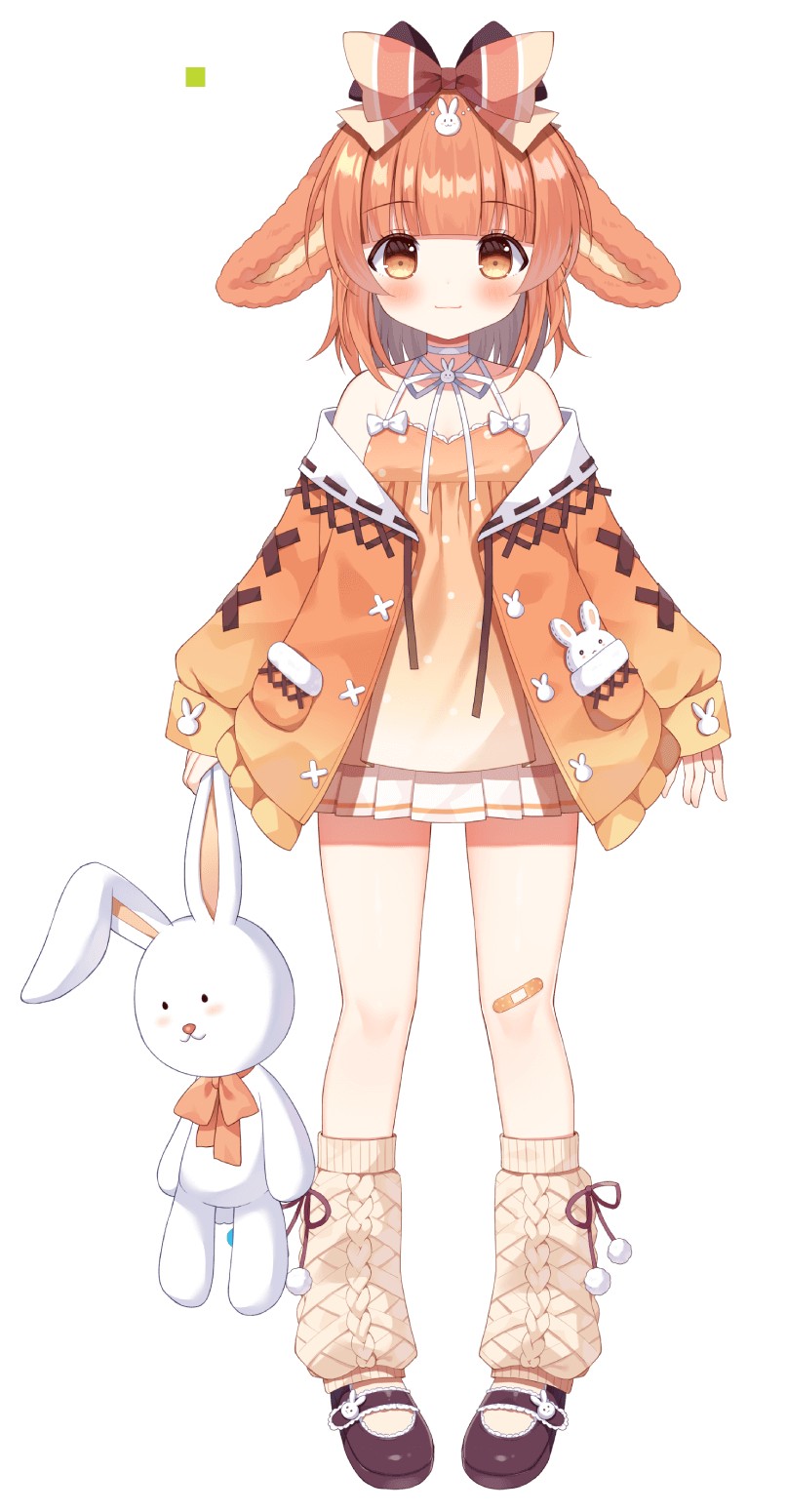 1girl animal_ears bandaid bandaid_on_leg blunt_bangs blush bow brown_footwear brown_leg_warmers choker closed_mouth dot_nose dress full_body gradient_jacket highres holding holding_stuffed_toy jacket leg_warmers loafers long_sleeves looking_at_viewer mauve miuna_usako official_art orange_bow orange_dress orange_eyes orange_hair orange_jacket pixellink pom_pom_(clothes) rabbit_ears rabbit_girl shoes smile solo square standing striped_bow stuffed_toy transparent_background virtual_youtuber white_bow white_choker