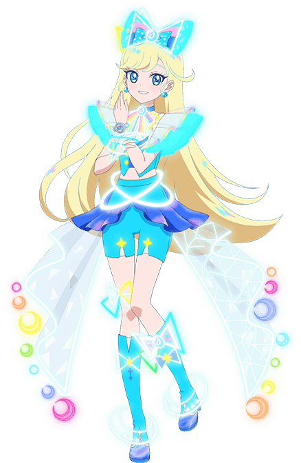 1girl :d blonde_hair blue_bow blue_eyes blue_footwear blue_shirt blue_shorts boots bow crescent earrings full_body glowing_clothes hair_bow himitsu_no_aipri hoshikawa_mitsuki idol_clothes jewelry knee_boots long_hair looking_at_viewer midriff open_mouth pretty_series shirt shorts smile solo standing very_long_hair
