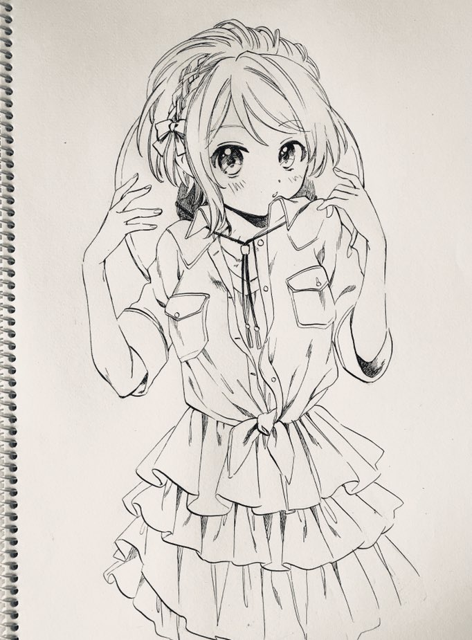 1girl :o blush_stickers bow braid collared_jacket commentary_request cropped_legs fingernails frilled_skirt frills front-tie_top greyscale hair_bow high_collar jacket long_sleeves looking_at_viewer love_live! love_live!_sunshine!! miniskirt monochrome necktie no+bi= open_clothes open_jacket open_mouth photo_(medium) pocket shirt short_hair side_braid skirt sleeves_past_elbows solo tassel traditional_media watanabe_you