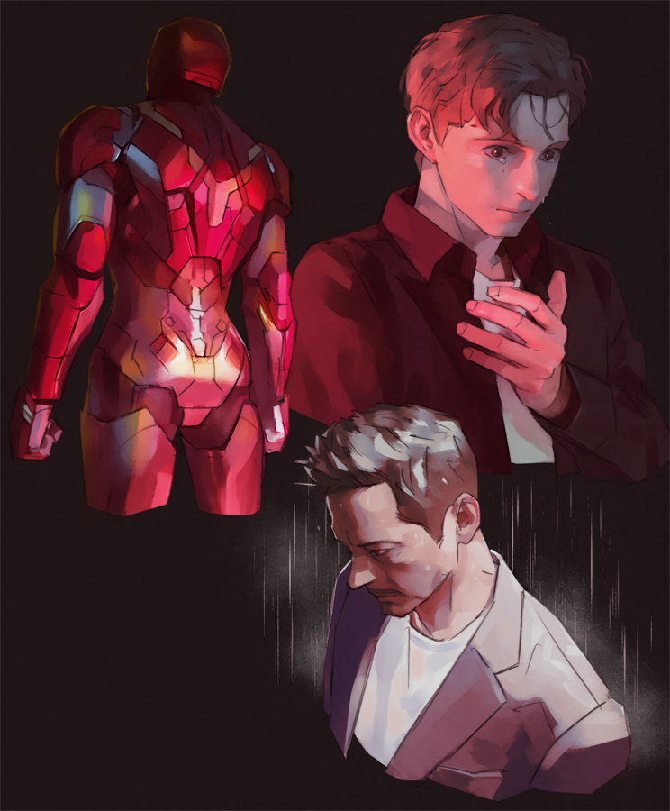 2boys armor back black_background black_shirt brown_eyes brown_hair closed_mouth collared_shirt commentary_request crying crying_with_eyes_open facial_hair fingernails full_armor grey_jacket hand_up iron_man jacket korean_commentary lapels long_sleeves looking_down looking_to_the_side male_focus marvel marvel_cinematic_universe multicolored_armor multiple_boys open_clothes open_jacket peter_parker power_armor red_armor redcokk shirt short_hair simple_background standing superhero_costume t-shirt tears tony_stark upper_body white_shirt yellow_armor
