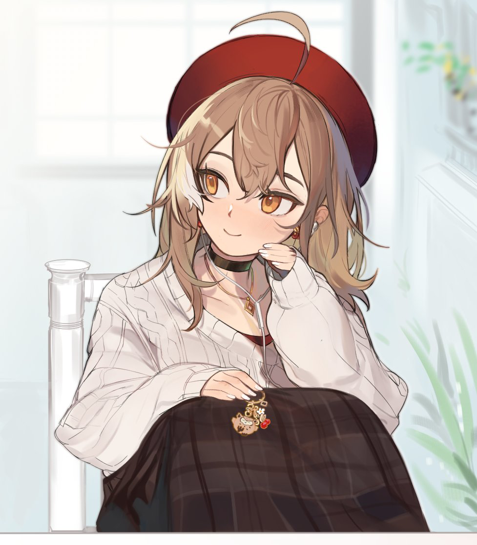 1girl ahoge beret berry bird black_choker brown_eyes brown_hair brown_skirt chair charm_(object) choker crossed_bangs earphones earphones earrings eus_ing flower food-themed_earrings hat hololive hololive_english hootsie_(nanashi_mumei) indoors jewelry knees_up long_skirt looking_to_the_side multicolored_hair nail_art nanashi_mumei nanashi_mumei_(casual) necklace official_alternate_costume on_chair owl plaid plaid_skirt plant potted_plant red_shirt runes shirt sitting skirt sleeves_past_wrists smile solo streaked_hair sweater virtual_youtuber white_sweater window