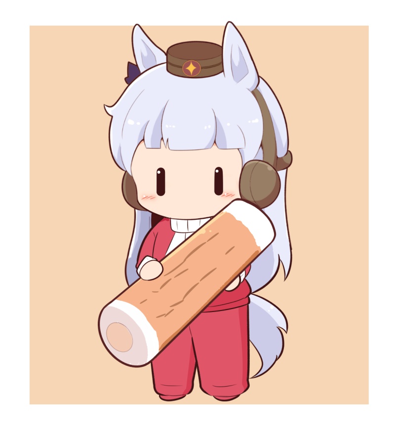 1girl animal_ears blush_stickers bow brown_background brown_hat chibi chikuwa ear_bow ear_covers food full_body gold_ship_(umamusume) gomashio_(goma_feet) grey_hair hat holding holding_food horse_ears horse_girl horse_tail jacket long_hair long_sleeves mini_hat pants purple_bow red_jacket red_pants solo standing tail track_jacket track_pants track_suit two-tone_background umamusume very_long_hair white_background |_|