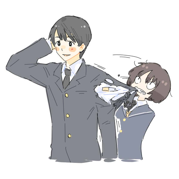 &lt;|&gt;_&lt;|&gt; 1boy 1girl amagami arm_behind_head behind_another biting black_eyes black_hair black_jacket black_necktie blazer blush_stickers brother_and_sister brown_hair clenched_teeth collared_shirt cropped_torso hand_up jacket jibakurei_(elite_unchi) leaning_back long_sleeves motion_lines necktie open_mouth school_uniform shirt short_hair siblings simple_background smile tachibana_jun'ichi tachibana_miya tearing_clothes teeth torn_clothes upper_body upturned_eyes white_background white_shirt