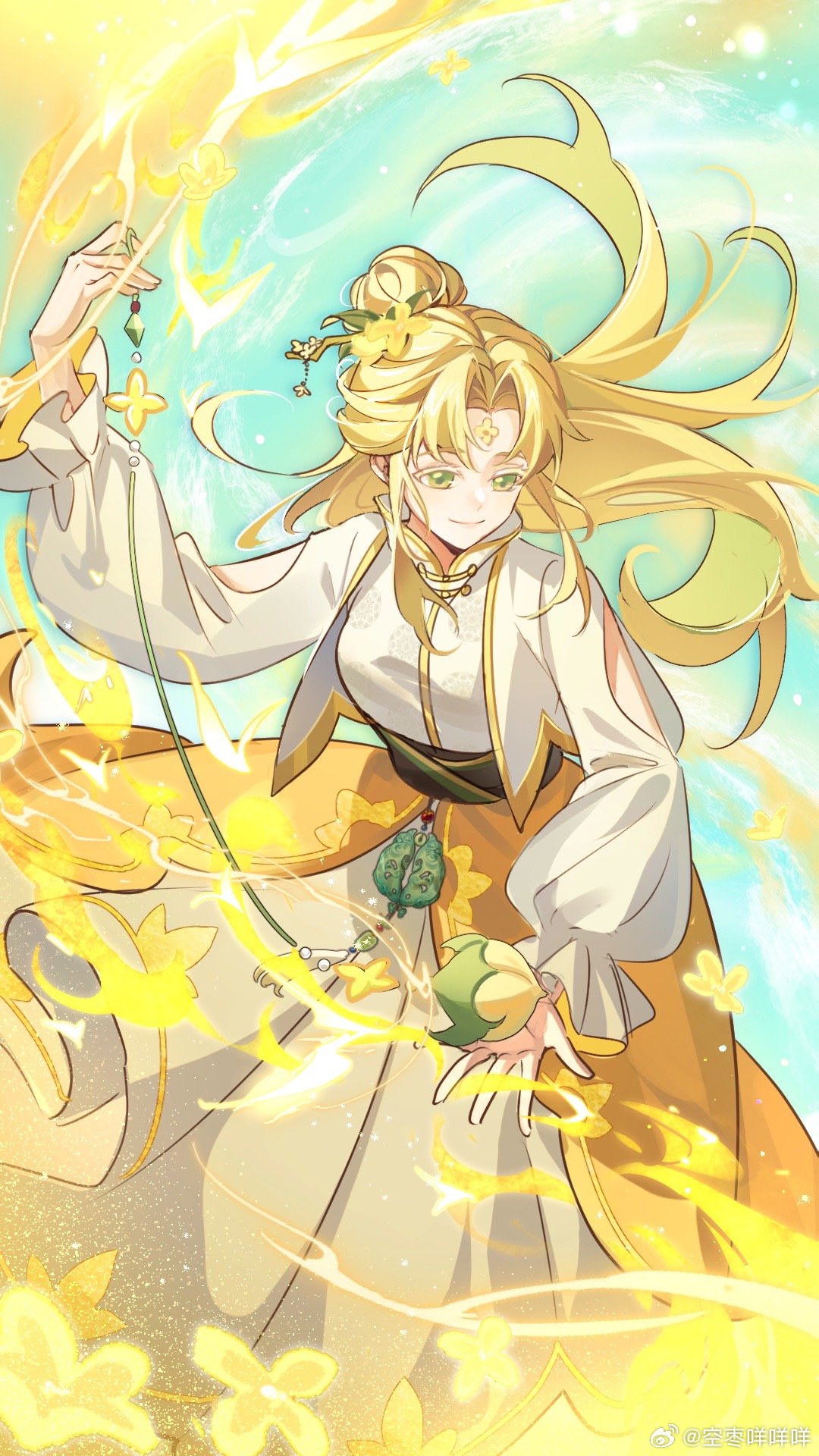 1girl arm_cutout aura black_sash blonde_hair blue_background chinese_clothes closed_mouth colored_eyelashes cookie_run curtained_hair feet_out_of_frame flower forehead_jewel frilled_sleeves frills golden_osmanthus_cookie green_eyes hair_bun hair_flower hair_ornament hair_stick half_updo hand_up highres holding holding_pendulum humanization jacket kongzao layered_skirt long_hair long_skirt long_sleeves looking_at_object looking_to_the_side open_clothes open_jacket parted_bangs pendulum pouch puffy_long_sleeves puffy_sleeves sash shirt single_hair_bun skirt smile solo standing weibo_logo weibo_username white_jacket white_shirt yaopei yellow_flower yellow_skirt