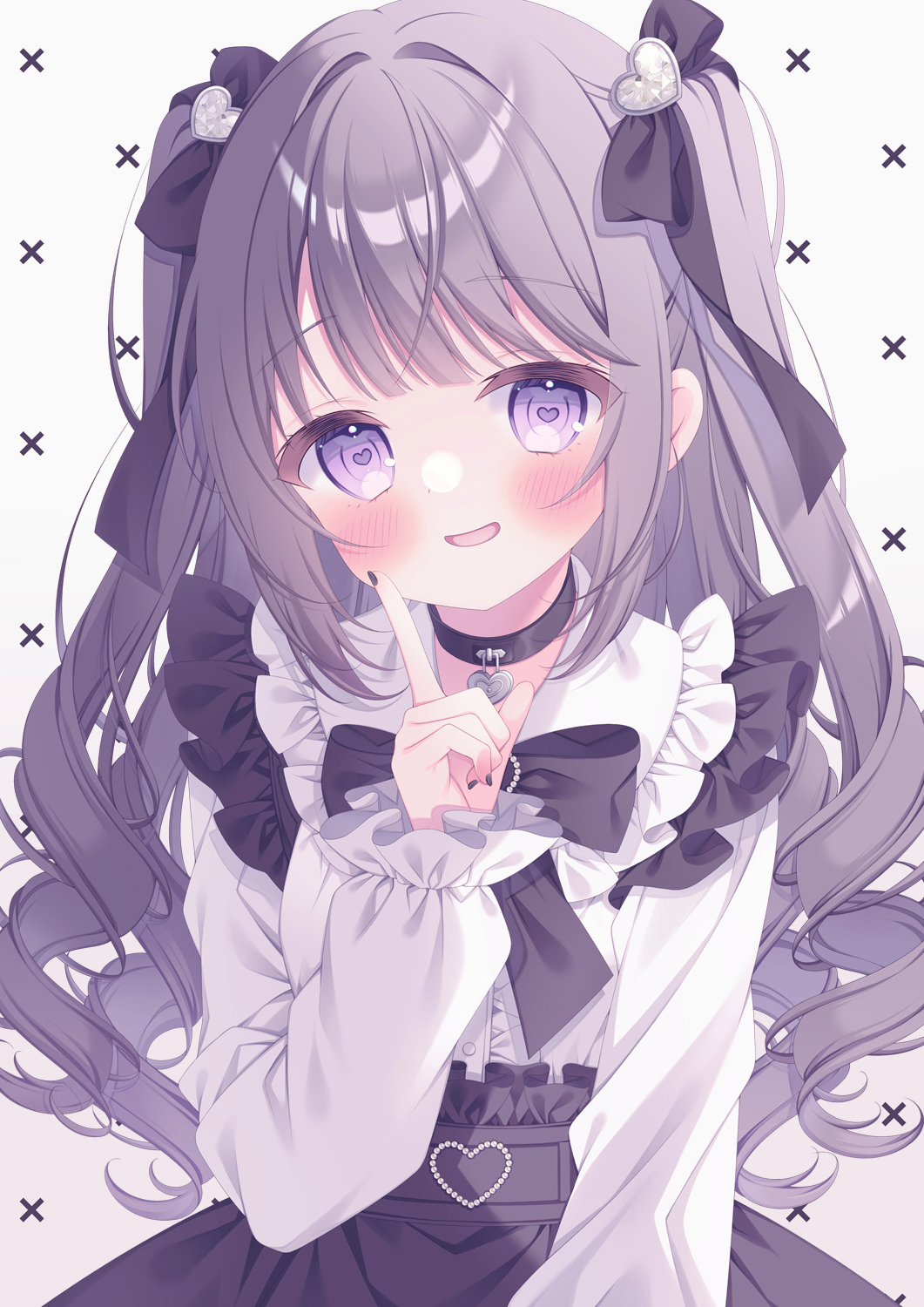 1girl black_bow black_bowtie bow bowtie curly_hair dress eyelashes hair_between_eyes hair_ornament hair_over_eyes hair_over_shoulder hairband hand_on_own_face hand_up heart heart-shaped_eyes heart_hair_ornament highres jirai_kei knot long_hair makeup open_mouth original purple_hair puu_(kari---ume) rouge_(makeup) thick_eyelashes twintails two_side_up very_long_hair violet_eyes white_background white_dress