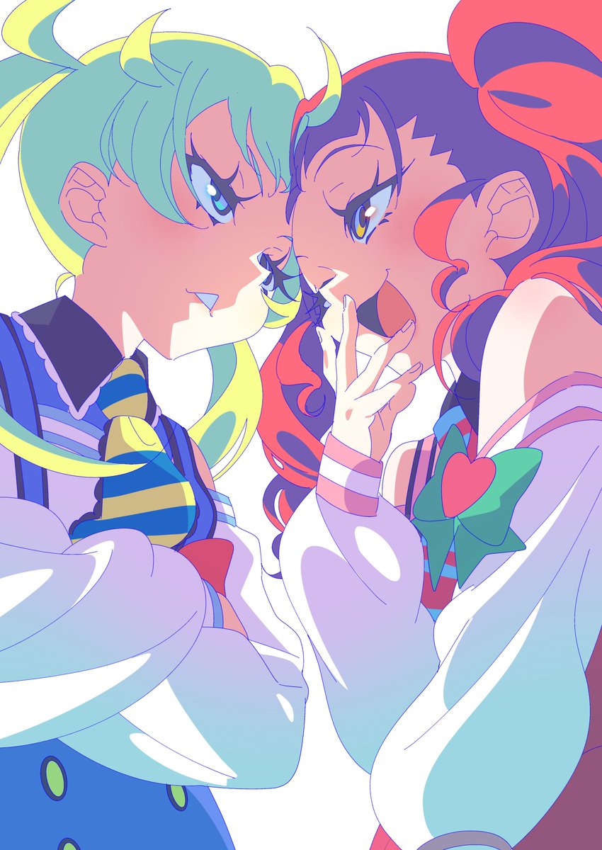2girls akagi_anna anchiki_shou annoyed archived_source bad_id bad_twitter_id blonde_hair blue_eyes blunt_bangs bow confrontation covering_own_mouth crossed_arms eye_contact face-to-face forehead-to-forehead green_bow hand_over_own_mouth hand_up heads_together heart highres image_sample kiratto_pri_chan long_hair long_sleeves looking_at_another moegi_emo multiple_girls necktie one_eye_closed open_mouth pretty_series redhead sidelocks simple_background smile smug striped_necktie twintails twitter_sample white_background yellow_eyes