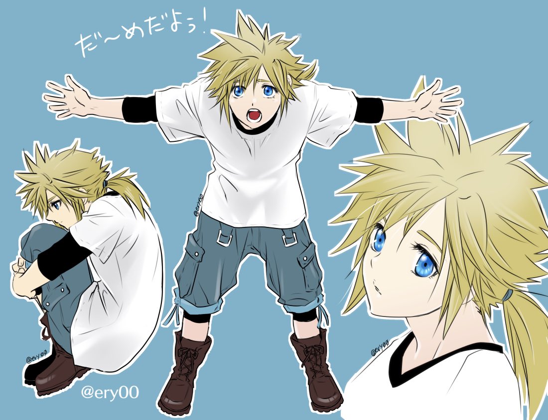 1boy aged_down aiz00 black_undershirt blonde_hair blue_background blue_eyes boots brown_footwear cloud_strife eyelashes final_fantasy final_fantasy_vii final_fantasy_vii_remake holding_own_leg low_ponytail male_focus multiple_views open_mouth outstretched_arms parted_lips ponytail shirt shorts sitting spiky_hair twitter_username