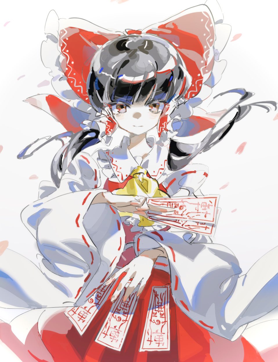 1girl ascot between_fingers black_hair bow brown_eyes card closed_mouth cowboy_shot detached_sleeves frilled_bow frilled_hair_tubes frilled_shirt_collar frills hair_bow hair_tubes hakurei_reimu highres holding holding_card long_hair long_sleeves looking_at_viewer ofuda petals red_bow red_eyes red_skirt red_vest ribbon-trimmed_sleeves ribbon_trim shirt sidelocks simple_background skirt smile solo susuki_nogi touhou vest white_background white_sleeves wide_sleeves yellow_ascot