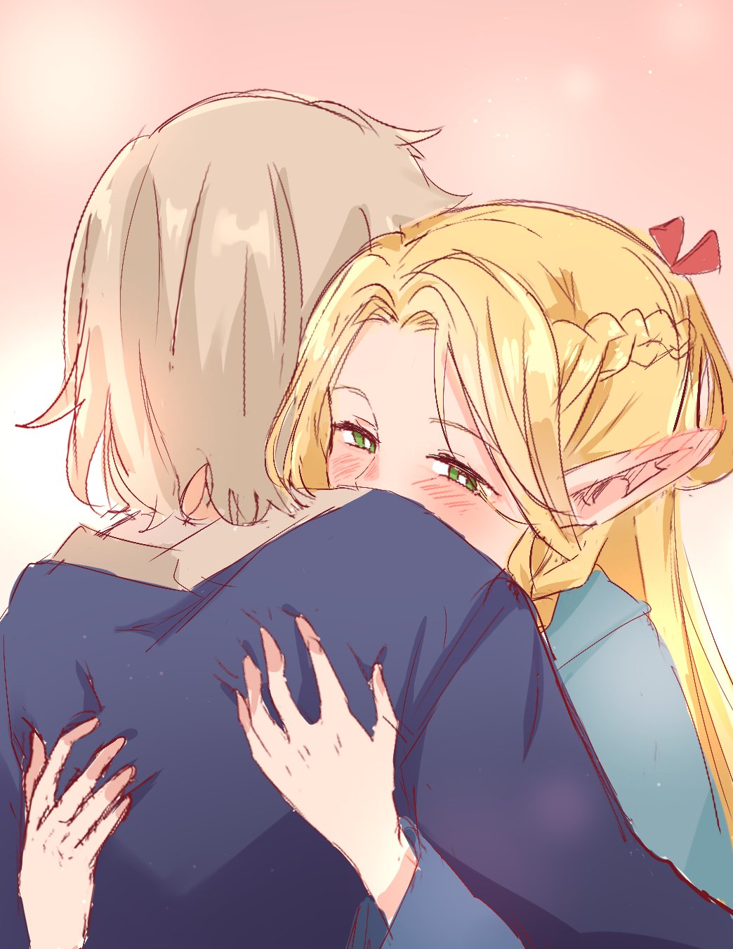 2girls blonde_hair blue_robe blush braid bright_pupils commentary dungeon_meshi ear_blush elf english_commentary falin_touden falin_touden_(tallman) french_braid green_eyes hair_ribbon hands_on_another's_back highres hug light_brown_hair light_particles lisedraw long_hair marcille_donato multiple_girls pink_background pointy_ears red_ribbon ribbon robe short_hair upper_body white_pupils yuri