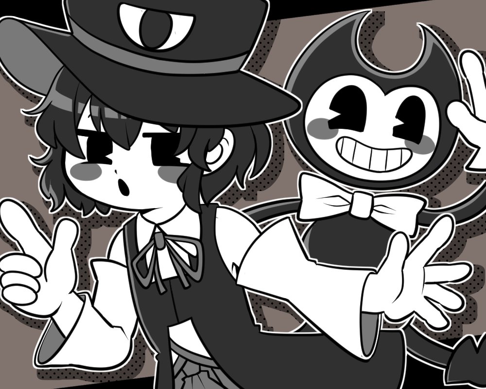1boy 1jumangoku 1other :o androgynous bare_shoulders bendy bendy_and_the_ink_machine blush_stickers boots bow bowtie cartoonized collared_shirt commentary_request cowboy_shot crossover detached_sleeves enraku_tsubakura eye_of_senri gloves grey_background greyscale hat len'en long_sleeves looking_at_viewer monochrome neck_ribbon open_mouth outline outside_border pac-man_eyes parody ribbon shadow shirt short_hair simple_background sleeveless sleeveless_shirt solid_eyes style_parody toon_(style) top_hat traditional_bowtie two-sided_fabric two-sided_headwear vest white_outline