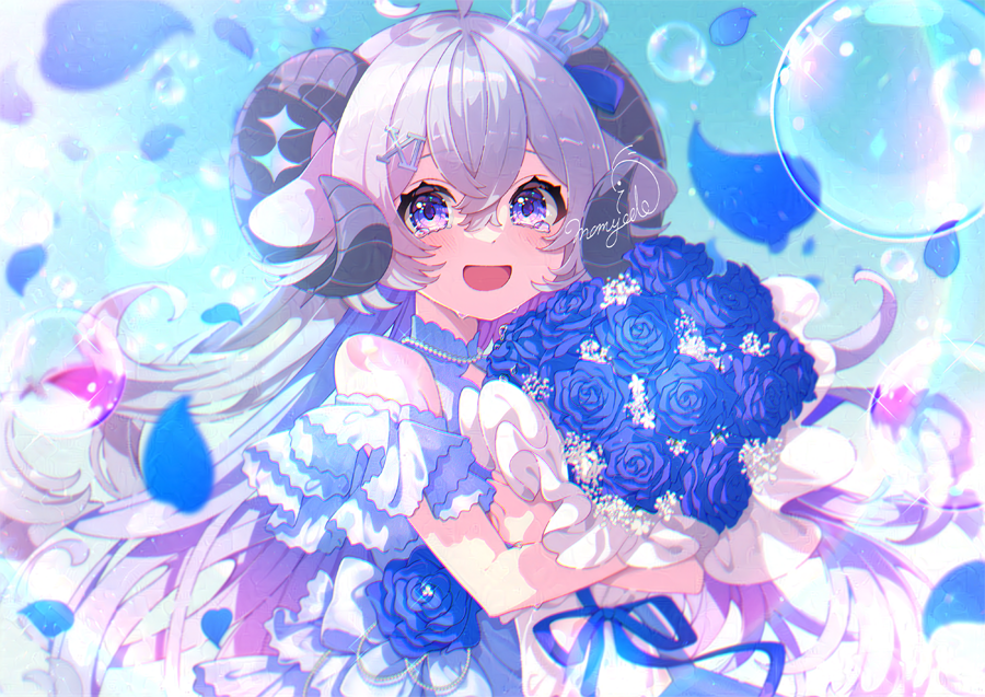 :d ahoge bare_shoulders blue_bow blue_flower blue_ribbon blue_sky bouquet bow bubble crown curled_horns dress flower frilled_dress frills grey_hair hair_bow holding horns hoshikage_lapis indie_virtual_youtuber long_hair mamyouda mini_crown number_hair_ornament open_mouth outdoors petals ribbon roman_numeral sky smile violet_eyes virtual_youtuber white_dress