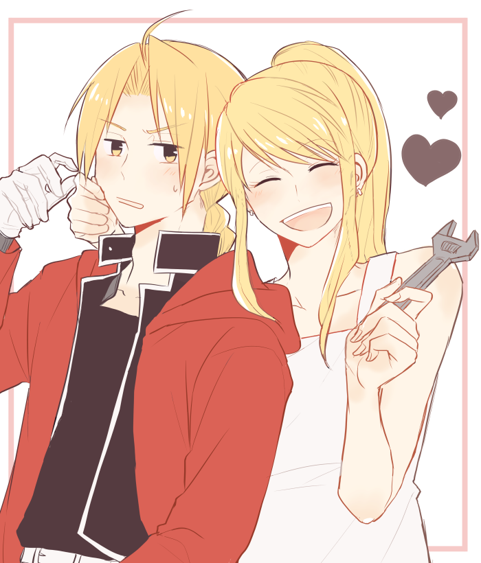 1boy 1girl ^_^ belt blonde_hair closed_eyes coat commentary_request cowboy_shot earrings edward_elric fullmetal_alchemist gloves heart jewelry open_mouth ponytail rectangle red_coat sidelocks sweatdrop white_background white_gloves winry_rockbell yu_si02
