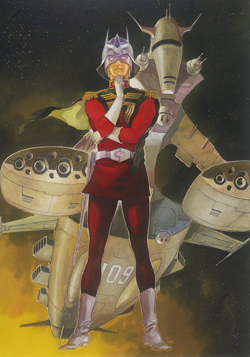 1boy beam_cannon belt boots char_aznable energy_cannon gundam hand_on_own_chin helmet highres holster mask military mobile_suit_gundam official_art painting_(medium) scan science_fiction spacecraft thinking traditional_media turret yasuhiko_yoshikazu zeon