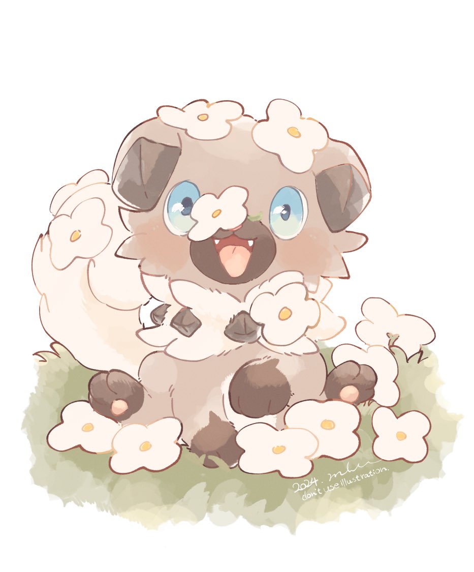 :d animal_focus blue_eyes brown_fur commentary_request dated dog fangs flower looking_at_viewer mkt_(buizu-miki) no_humans on_grass pawpads pokemon pokemon_(creature) rockruff signature simple_background sitting smile white_background white_flower