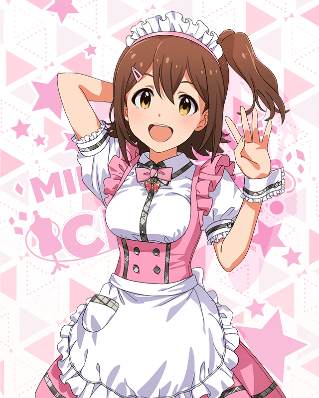 1girl :d apron arm_behind_head bow bowtie breasts brown_hair butterfly_ornament dot_nose dress flipped_hair frilled_apron frilled_skirt frills hair_between_eyes hair_ornament hairpin high_side_ponytail idolmaster idolmaster_million_live! idolmaster_million_live!_theater_days kasuga_mirai maid_headdress medium_breasts official_alternate_costume official_art open_mouth pink_bow pink_bowtie pink_dress pretty_waitress_(idolmaster) puffy_short_sleeves puffy_sleeves shirt short_hair short_sleeves sidelocks skirt smile solo standing starry_background teeth thigh-highs upper_body waist_apron waitress waving white_apron white_shirt white_thighhighs wrist_cuffs yellow_eyes