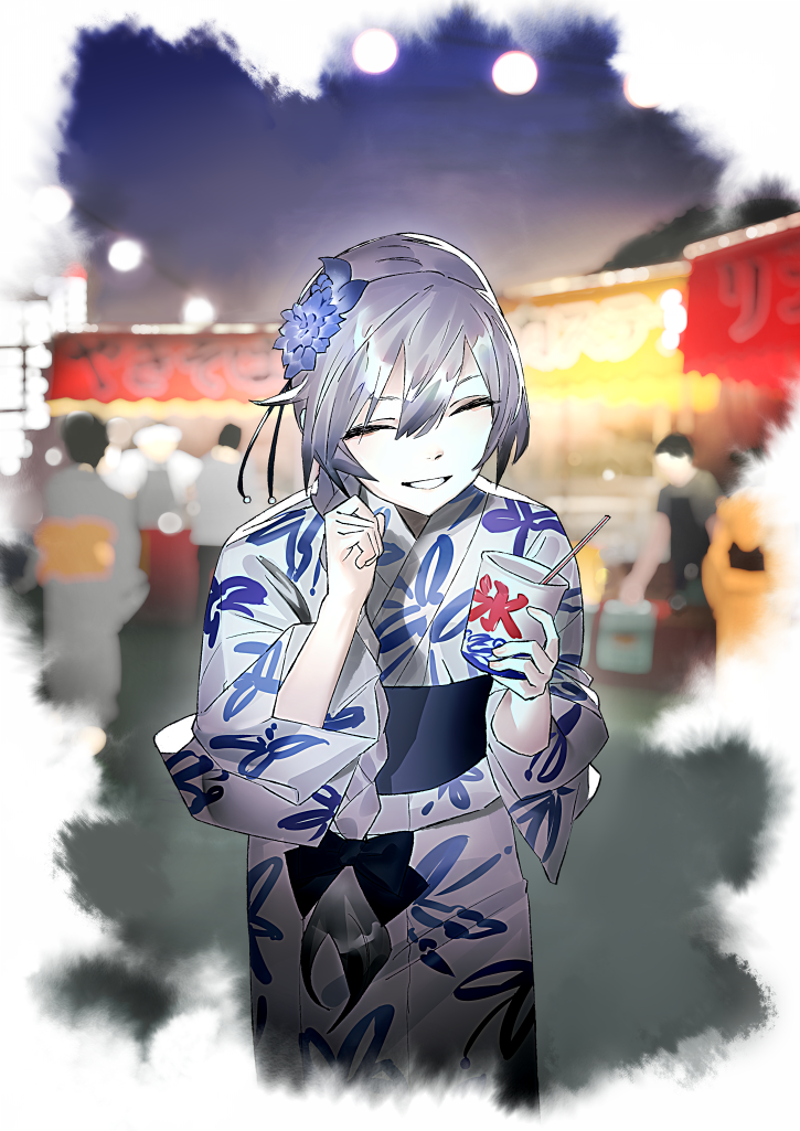 1girl alternate_costume black_bow blurry blurry_background border bow braid braided_ponytail closed_eyes closed_mouth cup facing_viewer fading_border feet_out_of_frame floral_print_kimono flower grey_hair grin hair_bow hair_flower hair_ornament hair_over_shoulder hands_up holding holding_cup japanese_clothes kimono long_hair long_sleeves market_stall mi8pq night obi outdoors people purple_flower sash sekka_yufu smile solo solo_focus standing summer_festival utau white_border white_kimono yukata