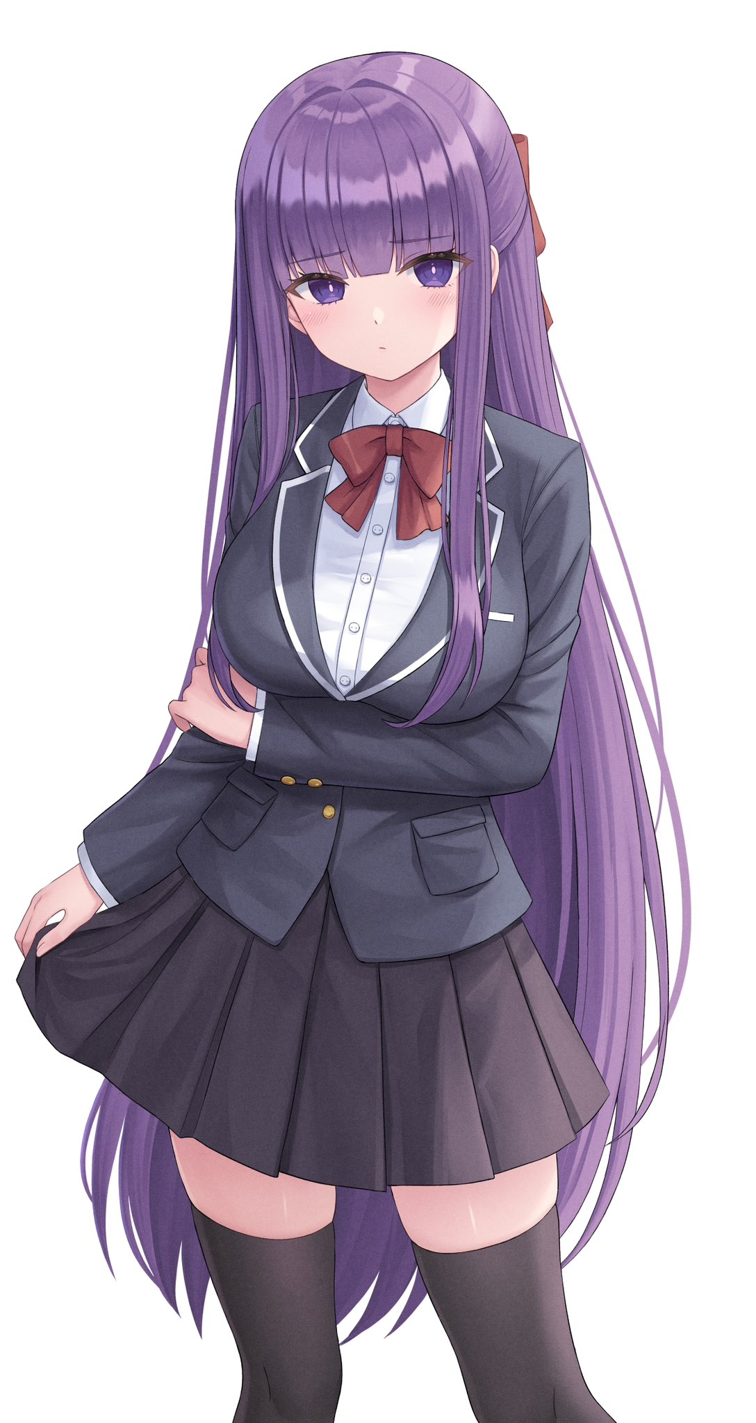 1girl alternate_costume black_jacket black_skirt black_thighhighs blunt_bangs bow bowtie breasts closed_mouth collar collared_shirt fern_(sousou_no_frieren) highres jacket large_breasts long_hair long_sleeves looking_at_viewer purple_hair red_bow red_bowtie school_uniform seungju_lee shirt simple_background skirt solo sousou_no_frieren standing thigh-highs violet_eyes white_background white_collar white_shirt zettai_ryouiki