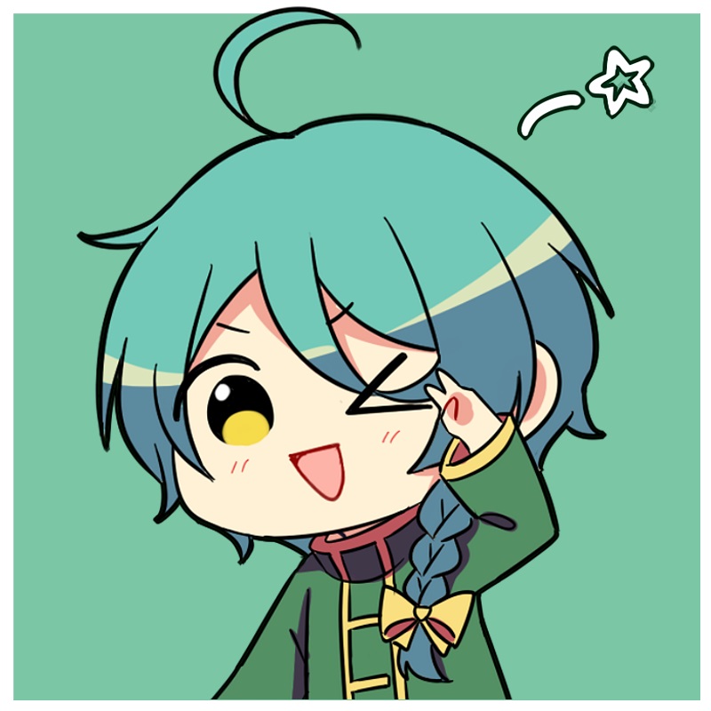 &gt;_o 1boy aqua_hair ashe_bradley biyo border bow braid chibi green_background green_jacket hand_up jacket looking_at_viewer male_focus one_eye_closed open_mouth short_hair single_braid smile solo star_(symbol) triangle_mouth upper_body v white_border witch's_heart yellow_bow yellow_eyes yellow_trim