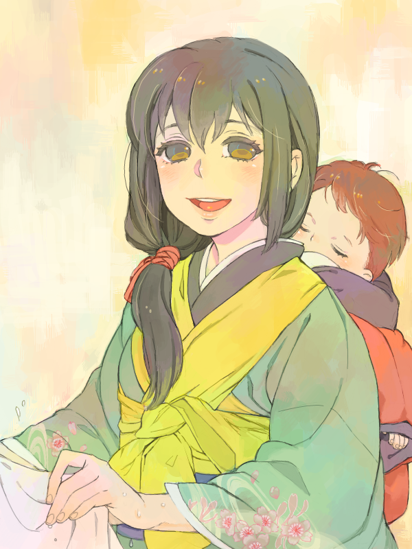 1boy 1girl :d baby bad_drawr_id bad_id black_hair brown_eyes brown_hair carrying character_request cherry_blossom_print copyright_request floral_print green_kimono holding japanese_clothes kimono long_hair long_sleeves low-tied_long_hair oekaki open_mouth pego_(peco_peco) sash smile teeth upper_teeth_only yellow_background