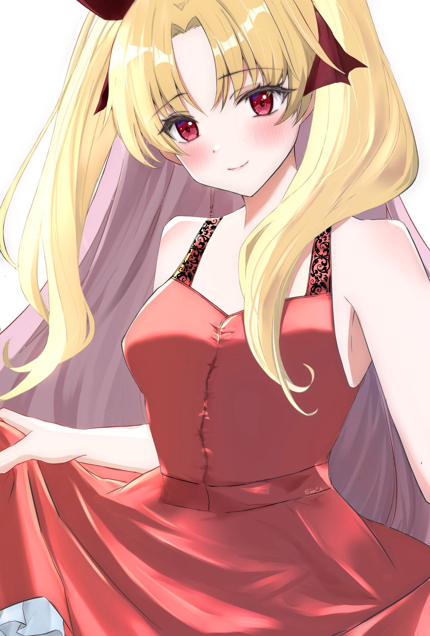 1girl alternate_costume blonde_hair blush check_commentary clothes_lift commentary commentary_request dress ereshkigal_(fate) fate/grand_order fate_(series) hair_ribbon highres kaimu0930 looking_at_viewer parted_bangs red_dress red_eyes red_ribbon ribbon simple_background skirt skirt_lift smile solo twintails white_background