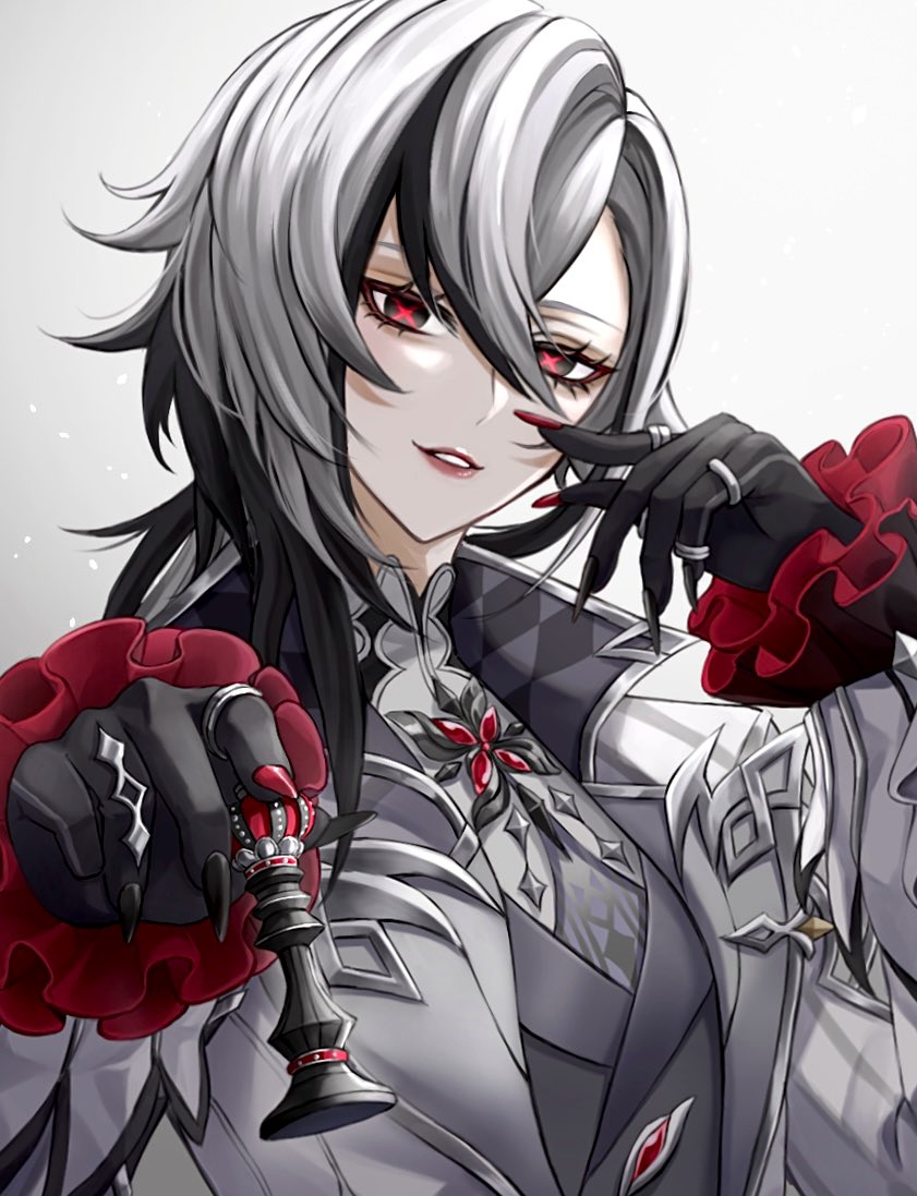 1girl arlecchino_(genshin_impact) black_hair coat commentary frilled_sleeves frills genshin_impact gradient_background grey_background grey_coat grey_shirt grin jewelry kuromuru long_hair long_sleeves looking_at_viewer multicolored_hair parted_lips red_lips ring shirt smile solo streaked_hair upper_body white_background white_hair