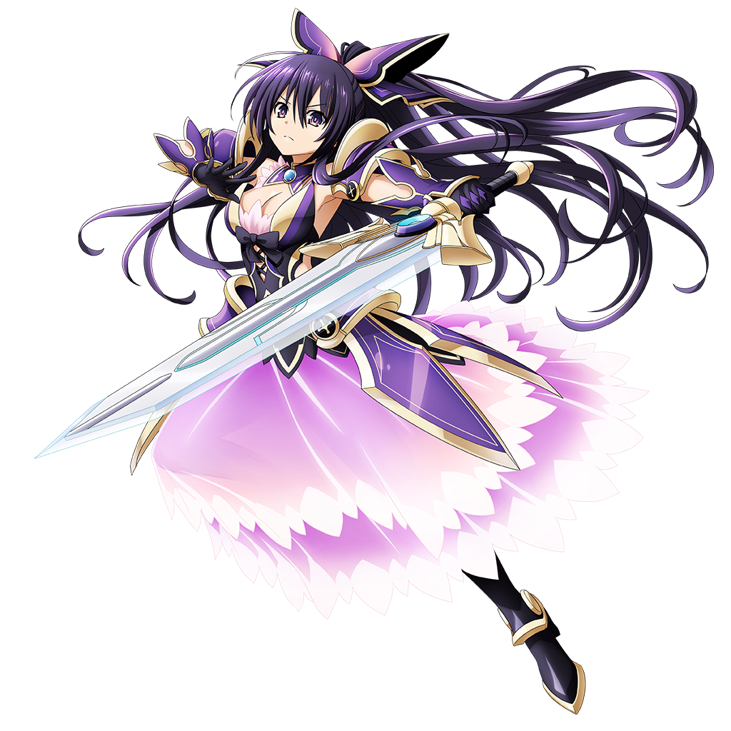 1girl armor armored_dress breasts closed_mouth date_a_live dress full_body large_breasts long_hair official_art overlord_(maruyama) ponytail purple_dress purple_hair shoulder_armor solo sword v-shaped_eyebrows violet_eyes weapon yatogami_tooka