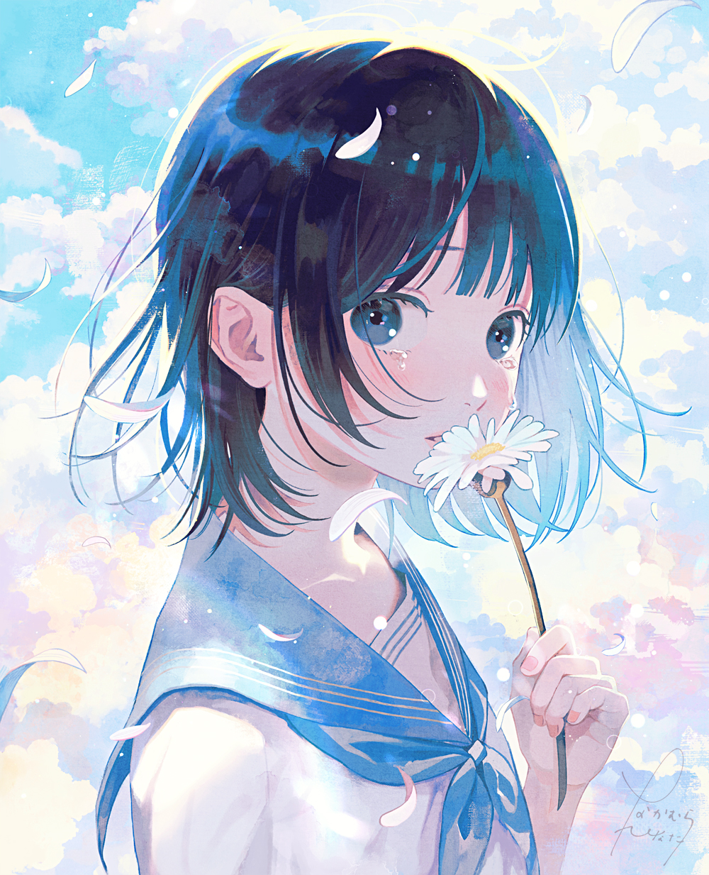 1girl black_hair blue_eyes blue_neckerchief blue_sailor_collar blue_sky blush clouds cloudy_sky commentary_request crying crying_with_eyes_open daisy dated day falling_petals flower hand_up highres holding holding_flower looking_at_viewer multicolored_background nakamura_hinata neckerchief original outdoors petals sailor_collar school_uniform serafuku shirt short_hair signature sky solo tears upper_body white_flower white_shirt