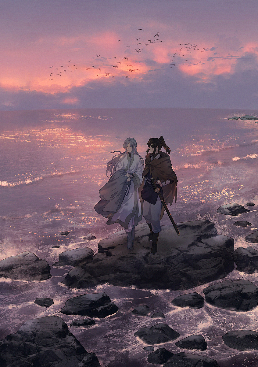 2boys androgynous beach bird black_hair boots brown_cloak chinese_clothes cloak clouds cloudy_sky commentary_request evening full_body gradient_sky grey_hair highres long_hair looking_at_another male_focus multiple_boys ocean original pink_sky ponytail rock scabbard scenery sheath shore sky standing sword toruglose weapon
