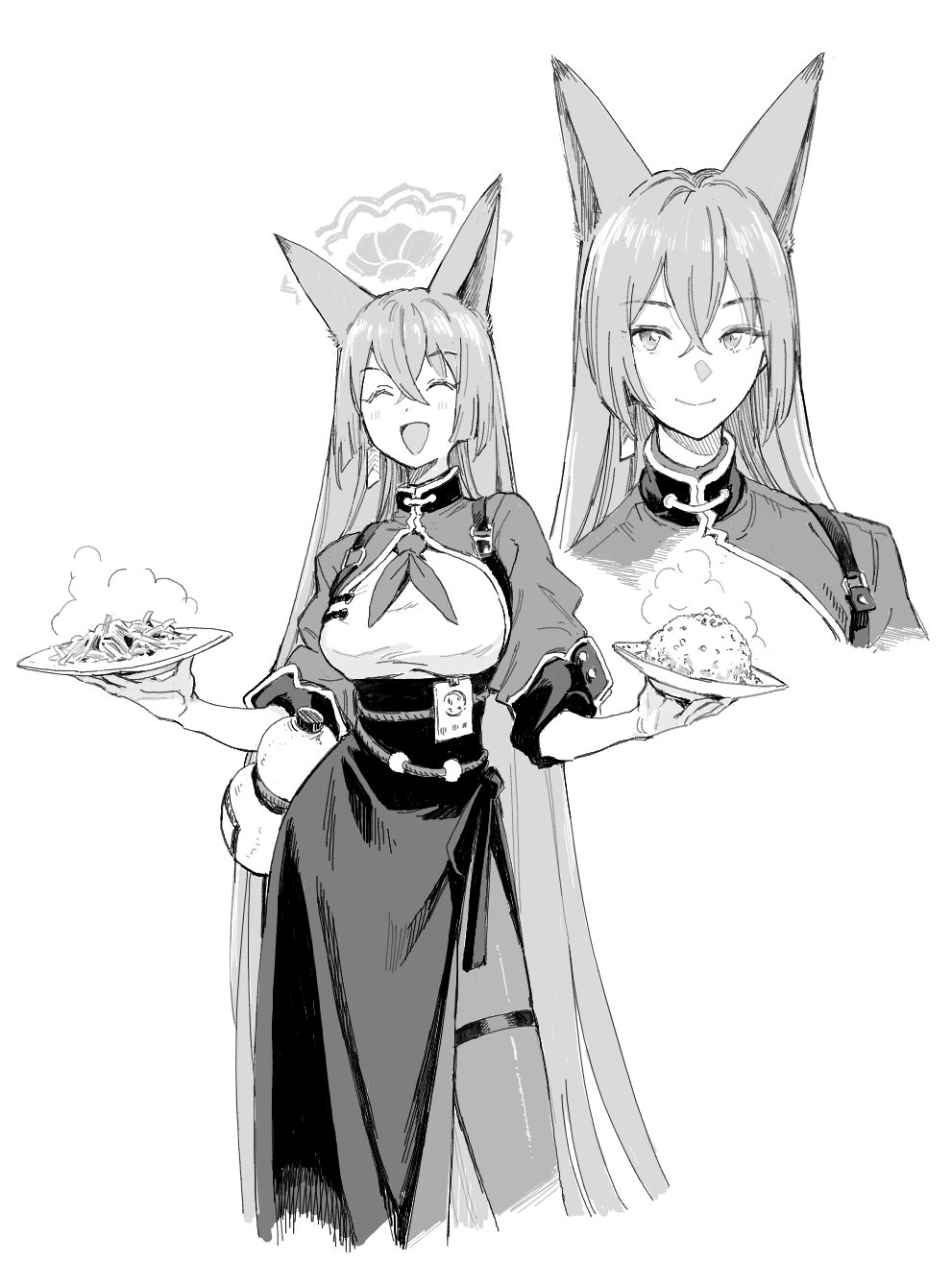 1girl animal_ears blue_archive chest_harness chinese_clothes crossed_bangs dress food fox_ears fried_rice gourd greyscale halo harness highres hiro_(chumo) holding holding_food holster long_hair monochrome pantyhose rope_belt rumi_(blue_archive) shoulder_holster solo turtleneck_dress
