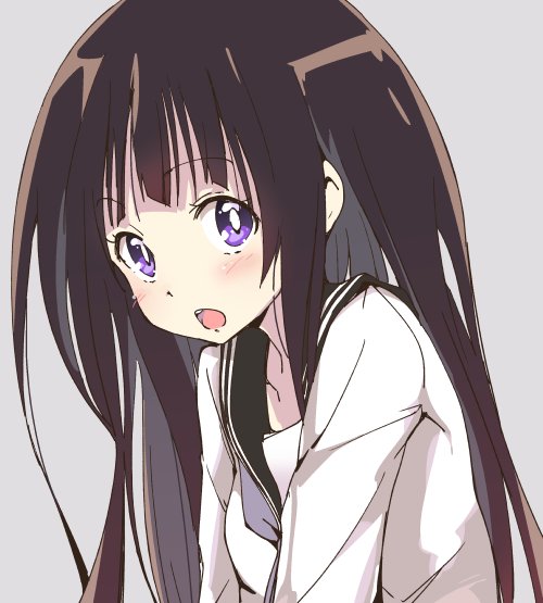 1girl black_sailor_collar blush bright_pupils brown_hair chitanda_eru commentary_request grey_background hyouka ixy kamiyama_high_school_uniform_(hyouka) long_hair looking_at_viewer open_mouth sailor_collar school_uniform shirt simple_background solo upper_body violet_eyes white_pupils white_shirt