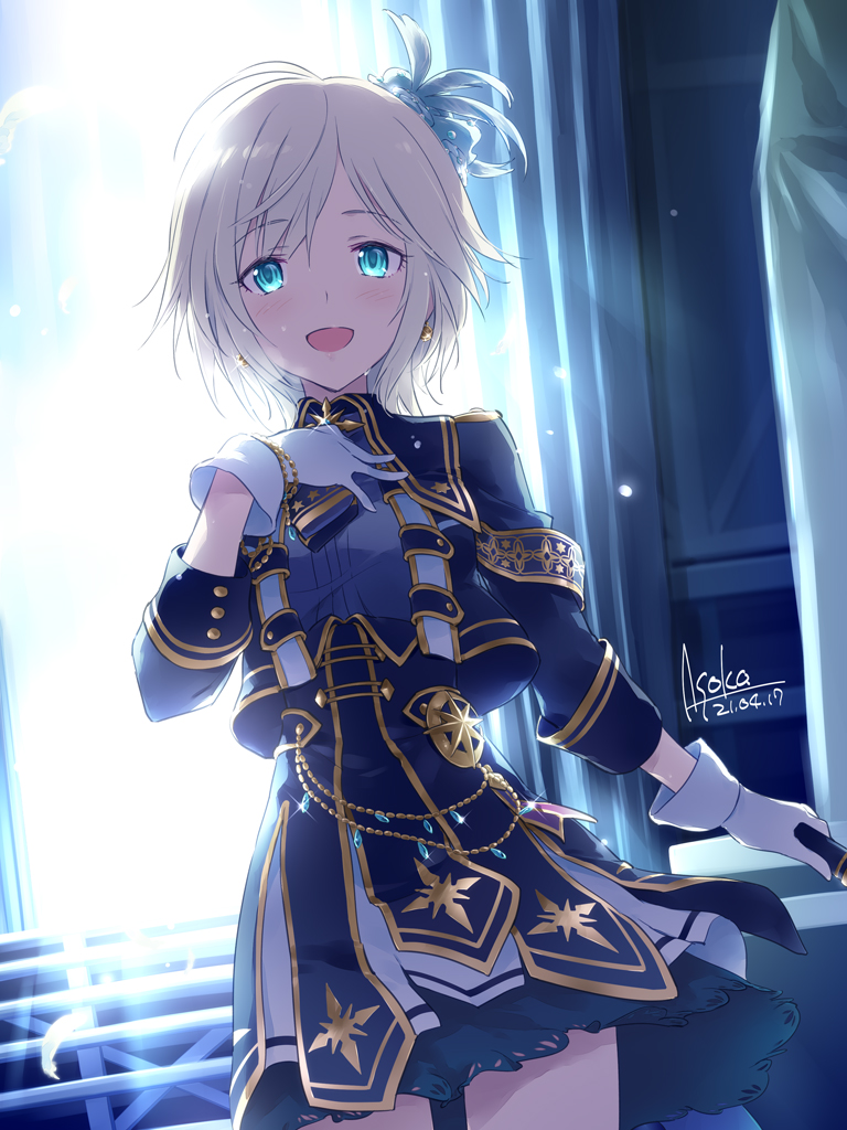 1girl anastasia_(idolmaster) asoka backstage blue_eyes blue_jacket blue_shirt blue_skirt breasts buttons commentary_request commission dated earrings feather_hair_ornament feathers gloves gold_trim grey_hair hair_ornament hand_on_own_chest holding holding_microphone idol idolmaster idolmaster_cinderella_girls idolmaster_cinderella_girls_starlight_stage jacket jewelry light light_blush long_sleeves looking_at_viewer medium_breasts microphone official_alternate_costume open_mouth print_skirt shirt short_hair sidelocks signature skeb_commission skirt smile solo sparkle stairs sweat thighs uniform white_gloves