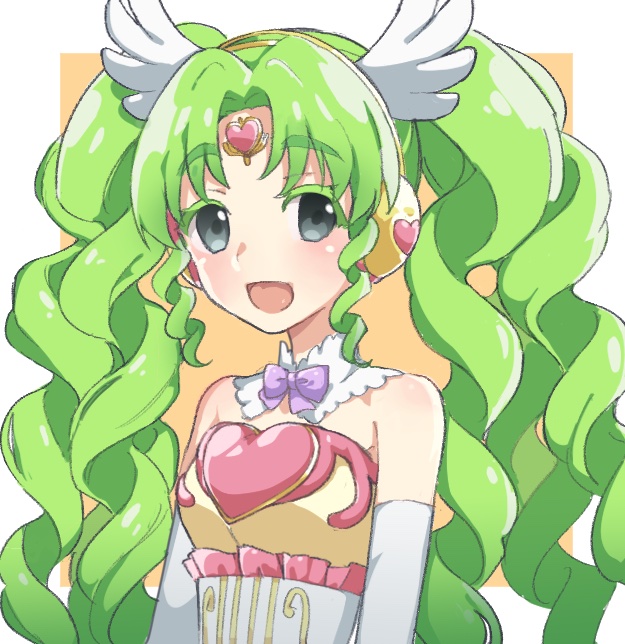 1girl :d bad_id bad_twitter_id bare_shoulders colored_eyelashes detached_collar elbow_gloves falulu falulu_(awakened) forehead_jewel gloves green_hair grey_eyes headphones heart idol_clothes long_hair looking_at_viewer open_mouth parody parted_bangs pretty_series pripara shiyurinpu sidelocks smile solo style_parody twintails upper_body watanabe_akio_(style) wing_hair_ornament
