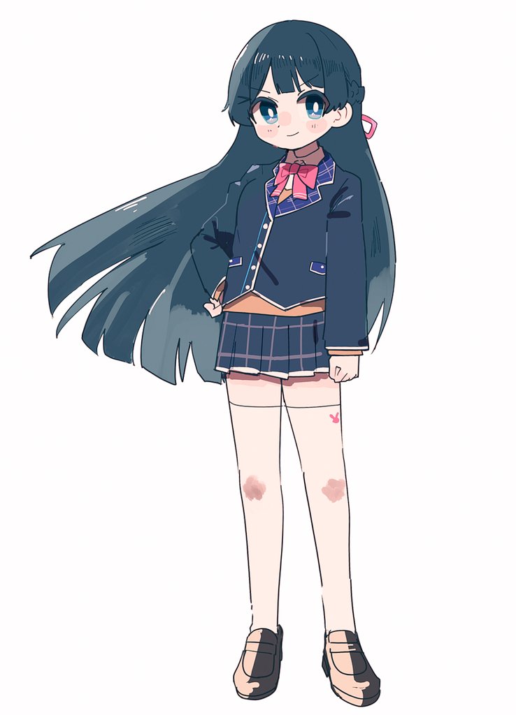 1girl arm_at_side black_hair black_jacket black_skirt blazer blue_eyes blush bow bowtie closed_mouth floating_hair full_body grey_footwear hair_ribbon hand_on_own_hip jacket loafers long_hair long_sleeves looking_at_viewer miniskirt naka_(buttergirl_02) nijisanji pink_bow pink_bowtie pink_ribbon plaid plaid_skirt pleated_skirt ribbon school_uniform shoes sidelocks simple_background skirt smile solo straight_hair thigh-highs tsukino_mito v-shaped_eyebrows virtual_youtuber white_background white_thighhighs zettai_ryouiki