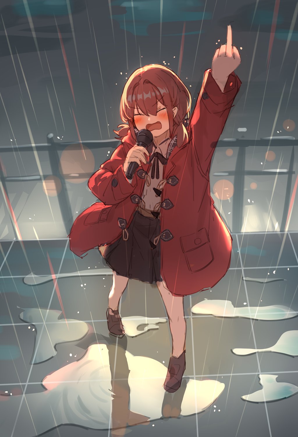 1girl arm_up black_ribbon black_skirt blush brown_hair closed_eyes coat collared_shirt commentary girls_band_cry hashtag-only_commentary highres holding holding_microphone iseri_nina long_sleeves low_twintails microphone milktea_(gggrrr2000) neck_ribbon open_clothes open_coat open_mouth pleated_skirt rain red_coat ribbon shirt short_hair short_twintails skirt solo standing twintails wet white_shirt