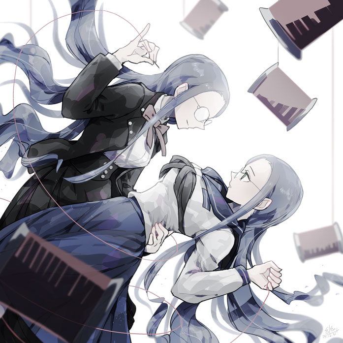 2girls arm_around_waist black_corset black_jacket black_skirt black_sleeves blazer blue_eyes blue_hair blue_sailor_collar blue_skirt bow bowtie buttons closed_mouth collared_shirt commentary_request corset danganronpa_(series) danganronpa_v3:_killing_harmony dated dual_persona face-to-face feet_out_of_frame glasses grey_neckerchief hand_on_another's_hip holding holding_sewing_needle holding_string jacket layered_sleeves leaning leaning_back long_hair long_skirt long_sleeves looking_at_another multiple_girls neckerchief open_clothes open_jacket orange_bow orange_bowtie parted_lips pocket round_eyewear sailor_collar school_uniform serafuku shirogane_tsumugi shirt signature simple_background skirt smile string thread u_u_ki_u_u very_long_hair white_background white_shirt white_sleeves