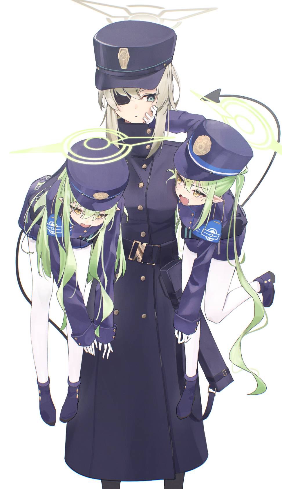 3girls black_coat black_hat blue_archive carrying carrying_person carrying_under_arm coat commentary_request demon_tail eyepatch fang gloves green_hair green_halo halo hand_on_another's_cheek hand_on_another's_face hat highres hikari_(blue_archive) long_hair long_sleeves looking_at_another mandera65 multiple_girls nozomi_(blue_archive) open_mouth pantyhose peaked_cap pointy_ears shorts simple_background skin_fang suou_(blue_archive) tail twintails white_background white_gloves white_pantyhose yellow_eyes